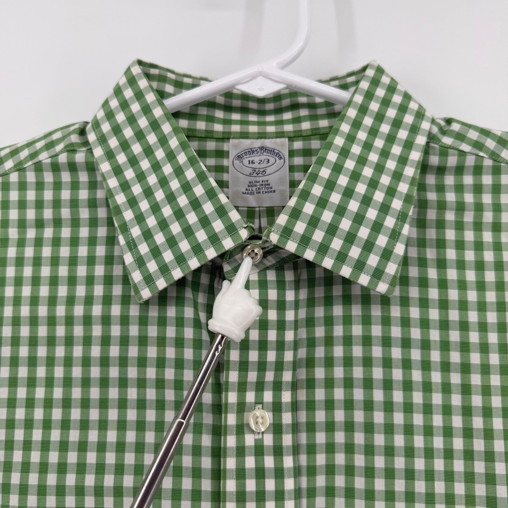 Brooks Brothers 346 Mens 16-2/3 Slim Fit Non-Iron Gingham Shirt Green White Prep - Picture 6 of 13